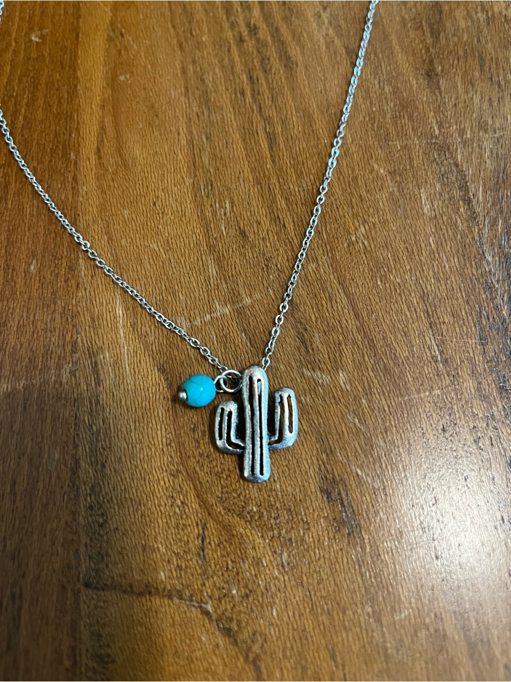 Silver Cactus Pendant Necklace with Turquoise Accent